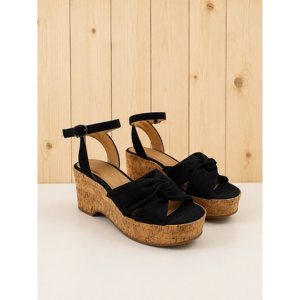 Black Wedge Sandals Ankle Strap Fabric Knotted Twist Cork Platform Womens